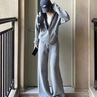 Casual Sportswear Lazy Style Loose-Fit Gray Hoodie With Wide-Leg Pants Two Piece Set
