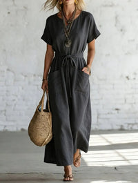 Short-sleeve V-neck Casual Cotton-linen Dress With A Belt
