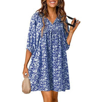 Casual Bohemian Floral Print V-Neck Lantern-Sleeve Dress
