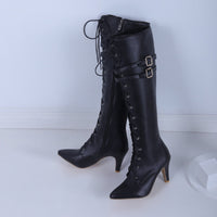 Autumn And Winter New Belt Buckle Stiletto Heel Front Lace-up High Leg Boot