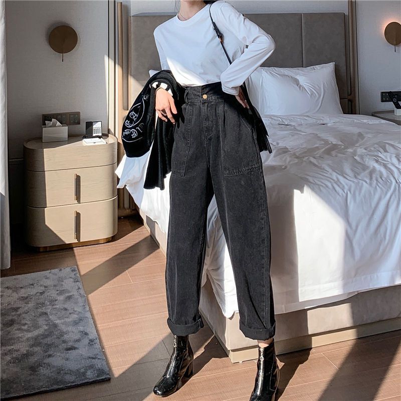 High Waist Denim Straight Wide Leg Pants Women Retro