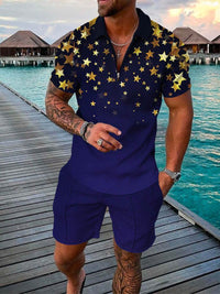 Men's Summer Fashion 3D Printed Short Sleeve Geometric Zip Lapel Shirt Set