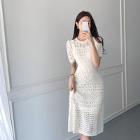 Summer White Short-Sleeve Hollow-Out Knitted Dress For Women