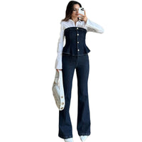New Womens Navy Blue Off-Shoulder Denim Slimming Pants Two-Piece Set