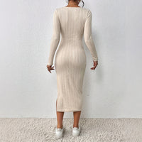 Threaded New Style Square Neckline Defined Waist Slit Long Sleeve Dress For Women