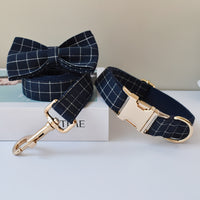 Navy Blue Plaid Gold Button Dog Collar Alloy Buckle