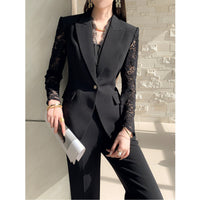 One Button Lace Panelled Blazer And Trousers Two Piece Set