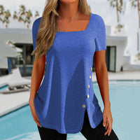 Printed Button-Front Slit Short-Sleeve Top T-Shirt Womens