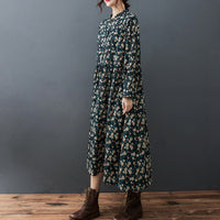 Womens Loose Forest-Style Long-Sleeve Stand-Neck Printed Dress