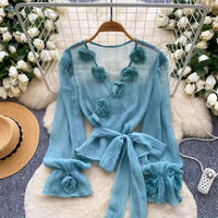 French-style Soft-aura Blouse With Flared Sleeves And 3D Floral Detailinglightweight And Delicate