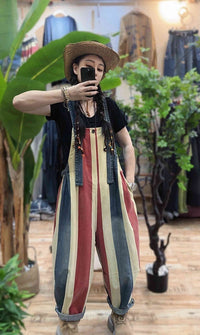 Vintage Stripe Suspender Pants Women's Loose Cotton Denim Jumpsuit