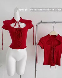 Red Flirty Bandage Bodycon Crop Top For Women Summer Short-Sleeve T-Shirt