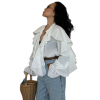 Fashionable Loose V-Neck Ruffle Long-Sleeve Shirt For Women