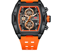 Track-Style Sports Chronograph Mens Watch With Curved Glass And Openwork Design