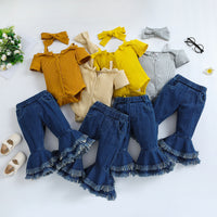 Summer Girls' Suit Ins Clothes For Babies Short Sleeve Strappy Romper Denim Bell-bottom Pants