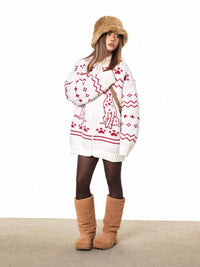 Retro Puppy Jacquard Knitted Zipper Hooded Sweater