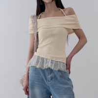 Neck-strap Lace-spliced Hem Off-shoulder Slim-fit T-shirt Top