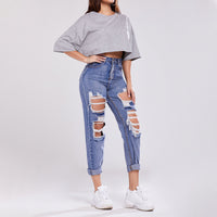 Ladies Trousers High-waisted Butt-lifting Holes Casual Straight-leg Denim Trousers