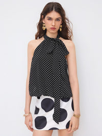 Round-neck Polka-dot Sleeveless Tie-neck Top