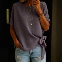Womens Summer New Solid Color Short-Sleeve Loose T-Shirt With Knotted Hem
