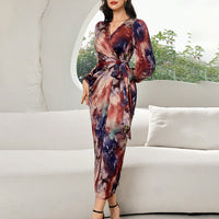 Printed V-neck Cardigan Lace-up Slim-fit Dress