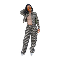 Casual Jacquard Plaid Washed Denim Suit