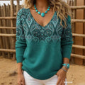 Womens Retro-Print V-Neck Long-Sleeve T-Shirt Top