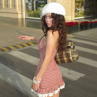 French-style Girly Lace-trimmed Patchwork Plaid Suspender Dress