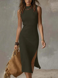 Sleeveless Solid-Color Tank Top High-Slit Elegant Midi Knitted Dress
