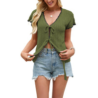 Color-block V-neck Lace-up Short-sleeve Knit Midriff-baring Cardigan