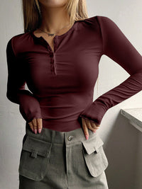 Women's Half Button Threaded Long Sleeve T-shirt