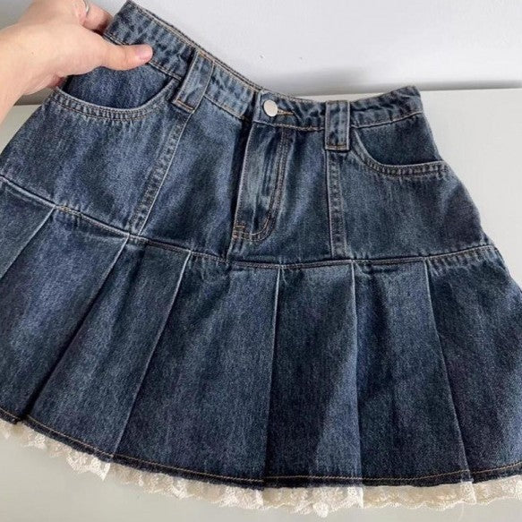 Women's Vintage Lace Pleated Denim Skirt