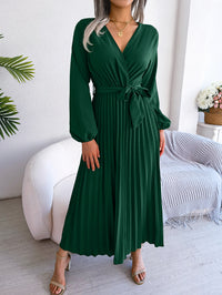 Women's Elegant Cross V Neck Flowy Pleated Maxi Dress