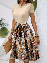 Fashionable Paisley-Print Colorblock Belted Dress