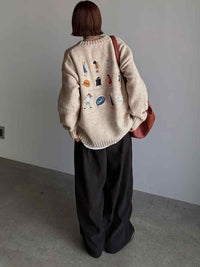 Gray Sweater Women's Loose Cartoon Embroidery Knitted Top