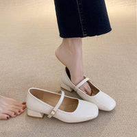 Chunky-heeled Square-toe Slingback Versatile Mid-heel Womens Shoes