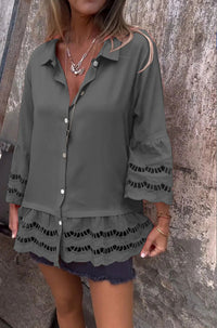 Lapel Long Sleeve Lace Ruffles Lotus Leaf Loose Shirt