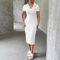 Spring Summer V-Neck Casual Fashion Pleated Short-Sleeve Womens Shirt Dress