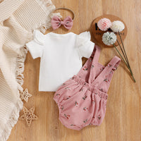 New Sunken Stripe Flounced Sleeve Floral Corduroy Suspender Pants Hair Band Three-piece Suit