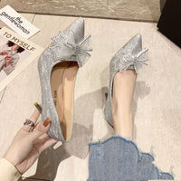 Pointed Toe Bow Knot Baotou Rhinestone Stiletto Crystal Bridesmaid Shoes High Heels