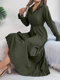 Women's Casual Lapel Button Long Sleeve Tie Waist Pleated Maxi Dress