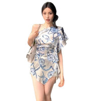 Teal Patterned Off-Shoulder Short-Sleeve Dress Womens Asymmetrical Mini Dress