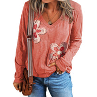 Pullover V-neck Long Sleeve Women Loose Casual Style Floral Patchwork Sweater