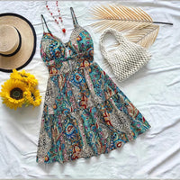 Printed Strap V Neck Hollow Out Backless Beach Dress