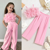 Mesh Three-dimensional Flower Sling Top Slim Fit Suit Pants Suit