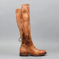 Womens Leather Boots With A Round Toe And Front Laces