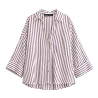 Women's Fashionable Slim-Fit Linen Multi-Color Striped Long-Sleeve Shirt