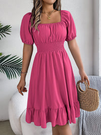 Women's Casual Square Neck Short Sleeve Tie Waist Ruffle A-Line Dress