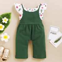 Girls' Floral Sleeveless Top Solid Color Suspenders Two-piece Suit