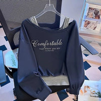 Large Size One-shoulder Cold-shoulder Striped Stitching False Two-piece Sweaters Women's Autumn New